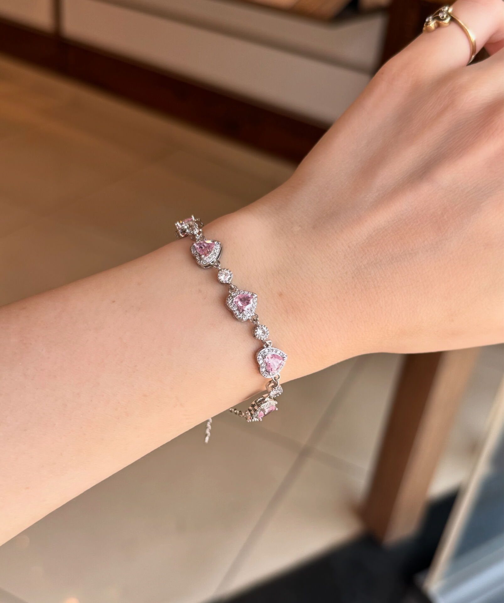 Gömme Zirkon Sıra Kalp Taşlı Pinterest Bileklik 15 + 5 cm