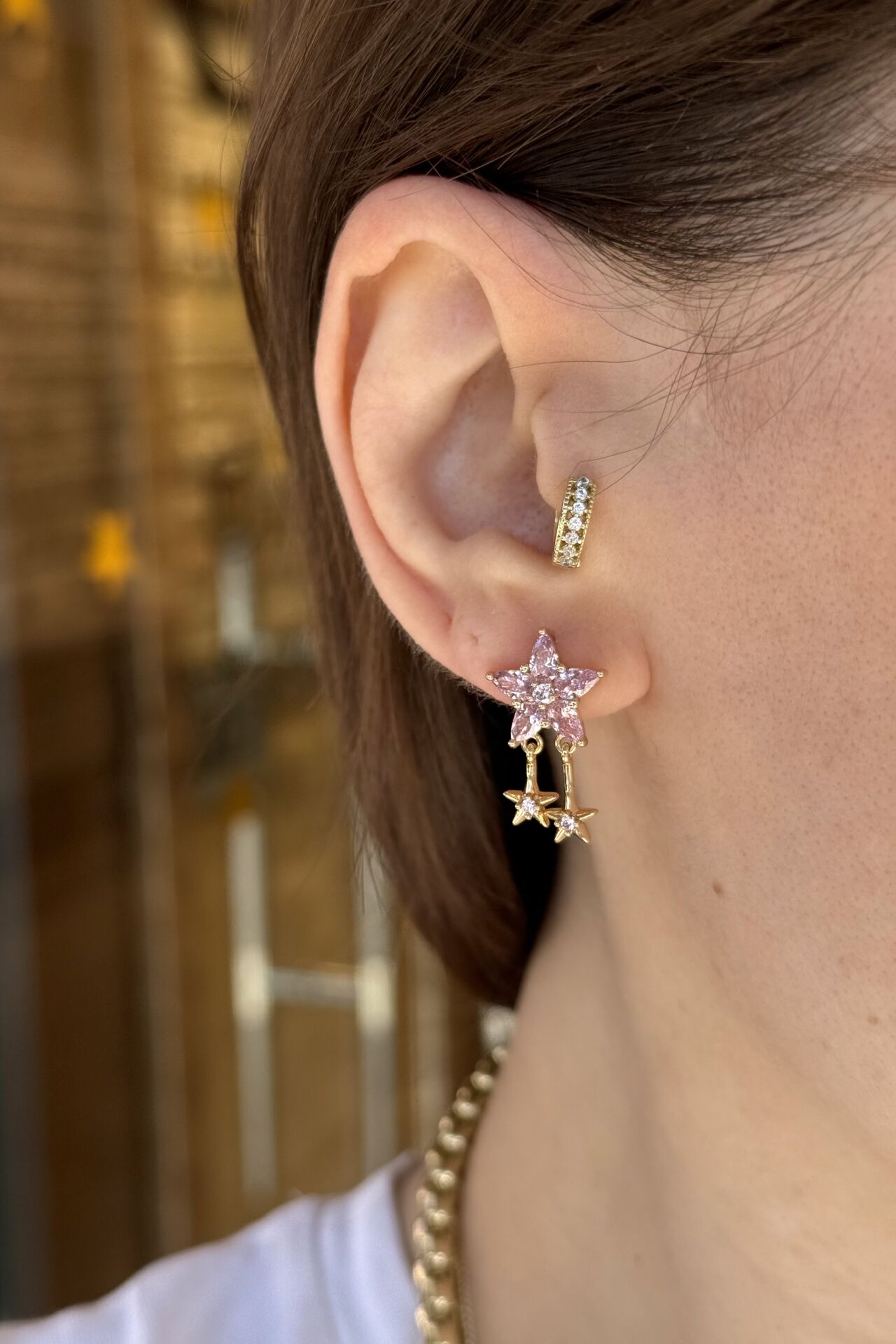 VIP Sallantılı Zirkon Taş İşleme Yıldız Küpe Pembe 14K