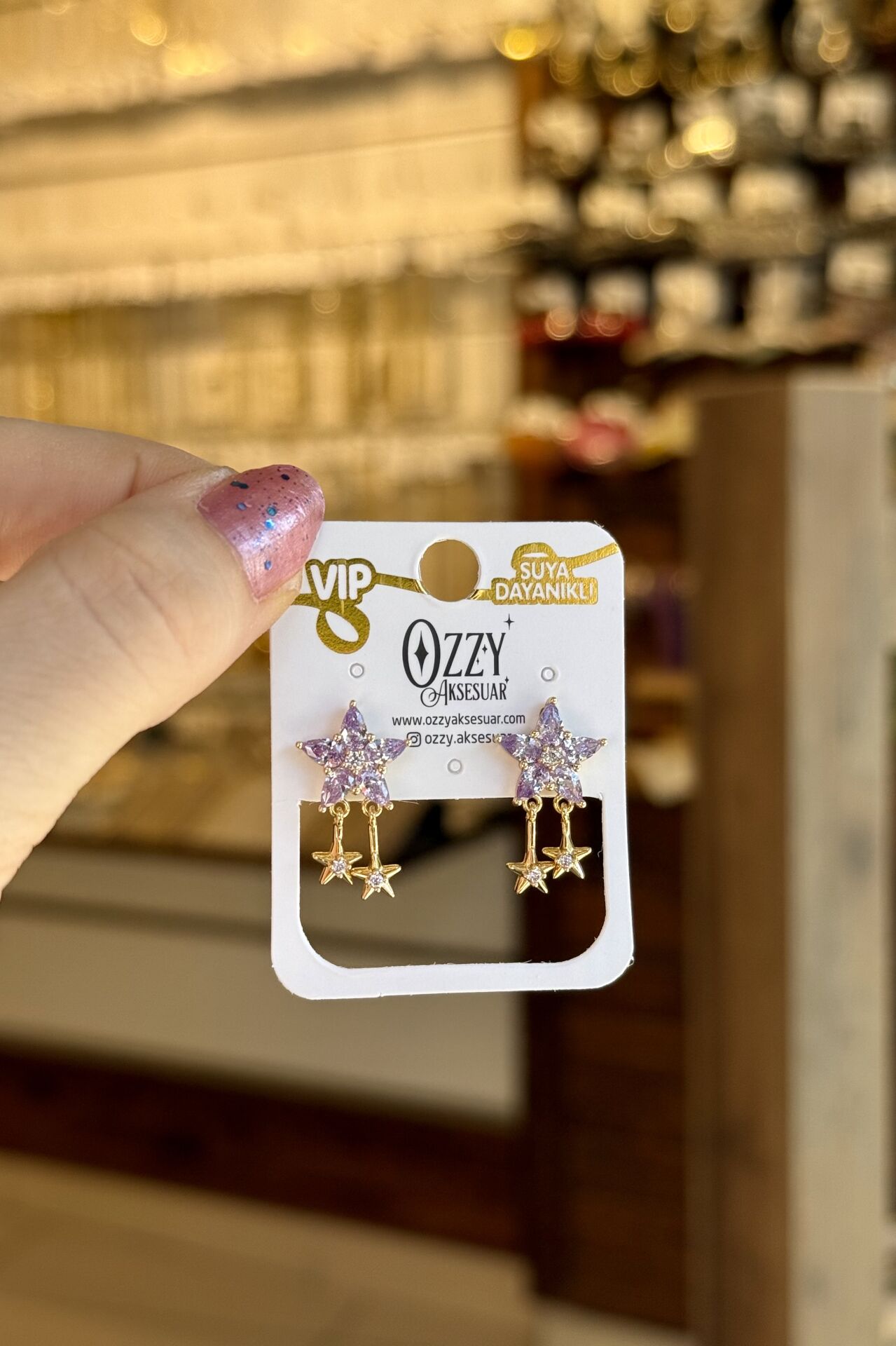 VIP Sallantılı Zirkon Taş İşleme Yıldız Küpe Lila 14K