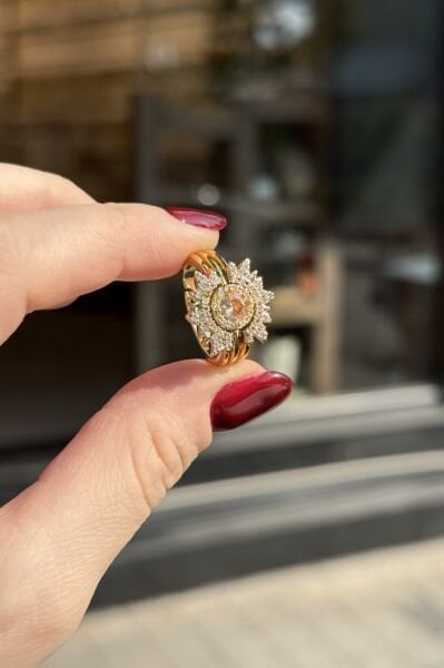 Elmas Kesim Sultanit Renk Zirkon Taşlı Güneş Model Ayarlanabilir Yüzük 14K
