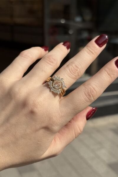 Elmas Kesim Sultanit Renk Zirkon Taşlı Güneş Model Ayarlanabilir Yüzük 14K