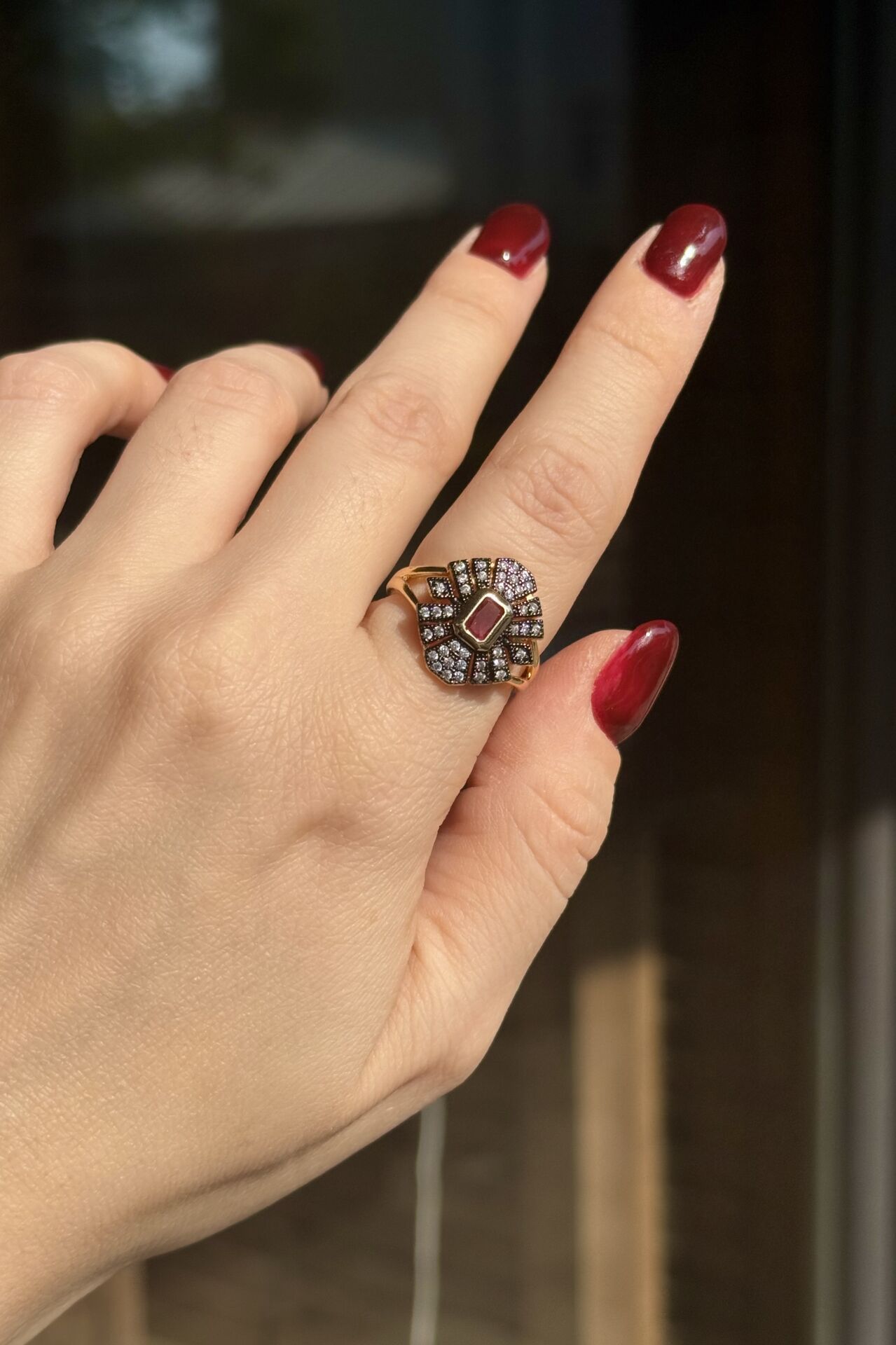 Siyah Montür Zirkon Taşlı Vintage Ayarlanabilir Yüzük 18K Fuşya Taş