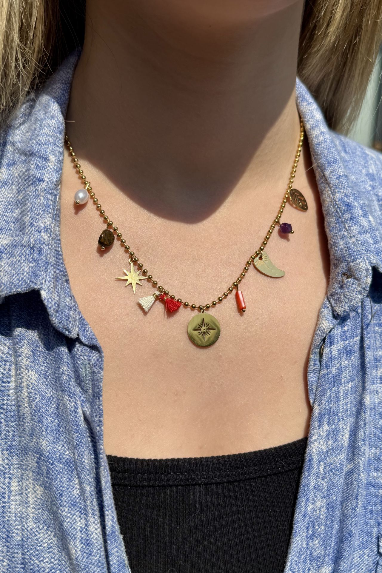 Sıra Charmlı Topçuk Zincir Çelik Kolye Kuzey Yıldızı