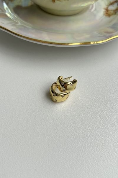 VIP Gömme Yıldız Taşlı Geometrik Yarım Halka Küpe 14K Beyaz Taş