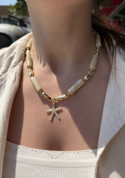 Deniz Yıldızı Uçlu Şerit Krem Boncuk Kolye