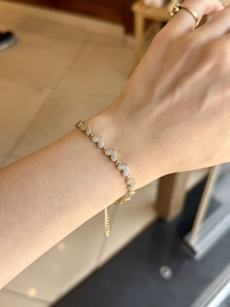 VIP Gömme Taşlı Sıra Kalp Model Bileklik 17 + 3 cm 14K