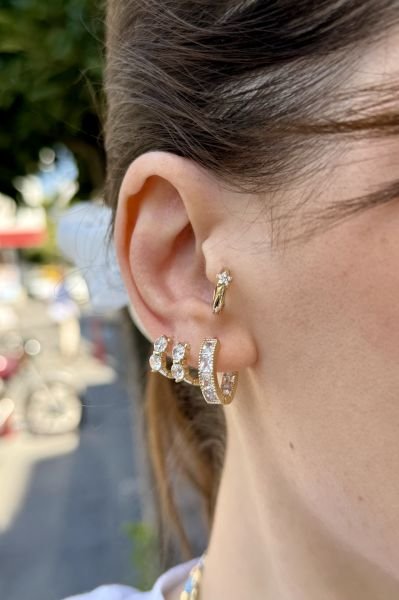 VIP İç ve Dıştan Sıra Kare Zirkon Taşlı Halka Küpe 14K