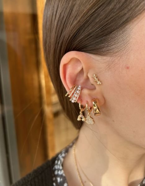 Sıra Taş ve İncili Earcuff Kıkırdak Küpe Mavi