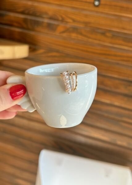 Sıra Taş ve İncili Earcuff Kıkırdak Küpe Mavi