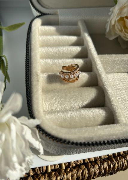 Sıra Taş ve İncili Earcuff Kıkırdak Küpe Mavi