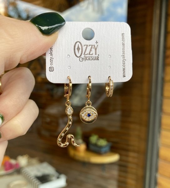 Yılan ve Göz Detaylı 3'lü Set Küpe