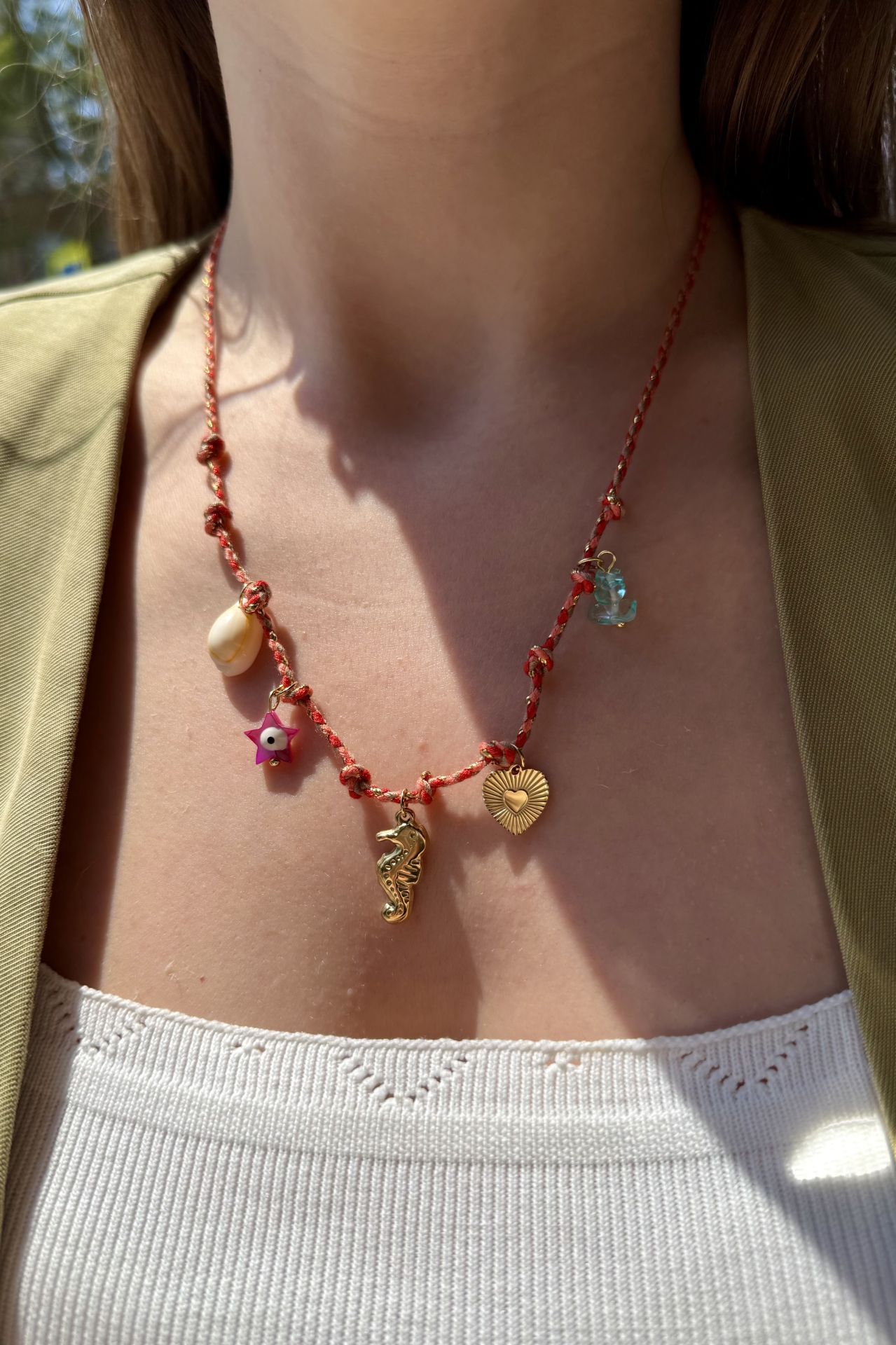 Balık ve Midye Charmlı Simli İp Çelik Kolye 45 cm