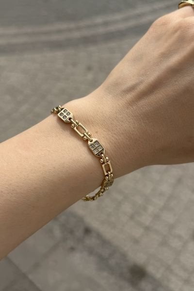 VIP Ortası 4'lü Taş Detaylı Zincir Bileklik 14K 18 + 3 cm