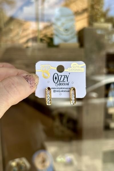 VIP 3 Taşlı Oval Model Klipsli Küpe 22K