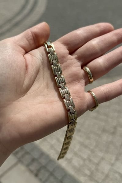 VIP Gömme Taş İşlemeli Taramalı Yassı Bileklik 14K 16 + 1 cm