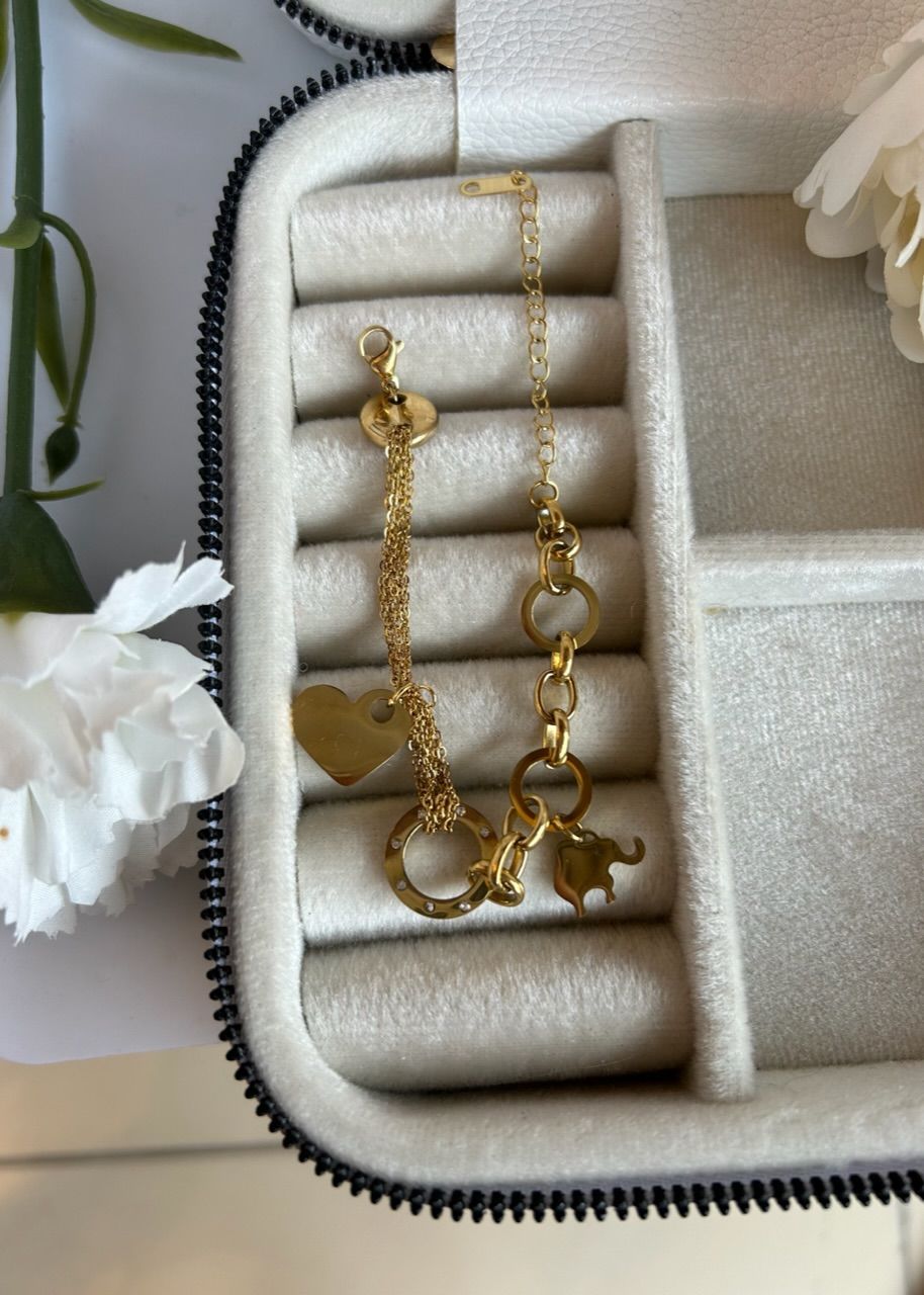 Çelik Kalp ve Fil Detay Çift Zincirli Charm Bileklik