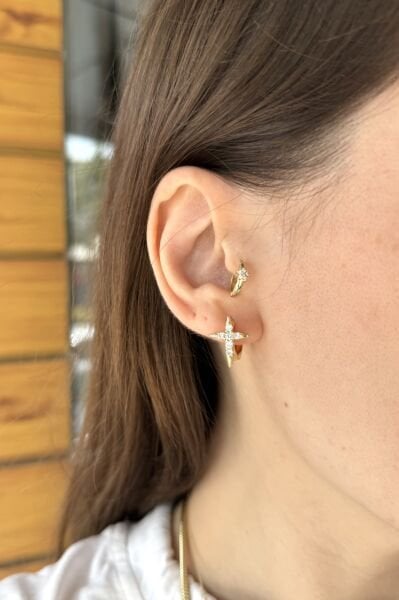 VIP Gömme Taşlı Kuzey Yıldız Halka Küpe 14K