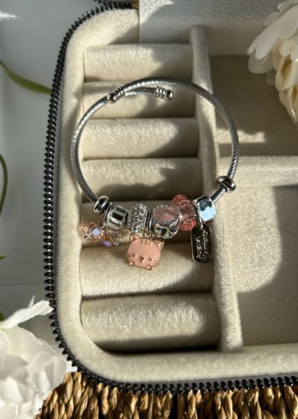 Mineli Kedi Çelik Kordon Charm Bileklik Pembe