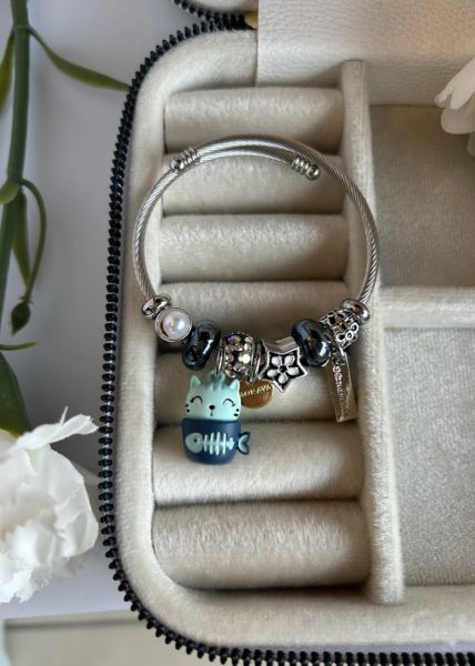 Bir Fincan Kedi Çelik Kordon Charm Bileklik Mavi