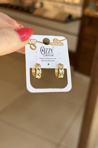 VIP Taş İşlemeli Örgü Model Halka Küpe 14K