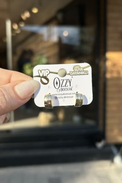 VIP Ortası Şerit Detaylı Küçük Halka Küpe 14k
