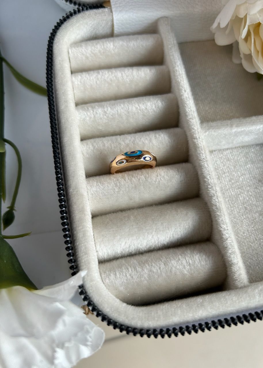 Mineli Çoklu Nazar Boncuk Detay Oval Ayarlanabilir Yüzük