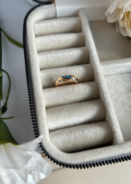 Mineli Çoklu Nazar Boncuk Detay Oval Ayarlanabilir Yüzük