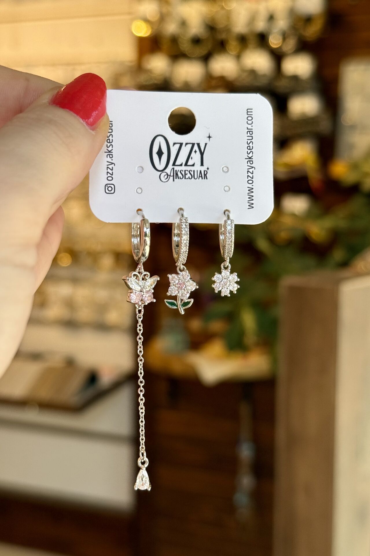 Zincirli Kelebek Detay 3'lü Set Küpe Gümüş Renk