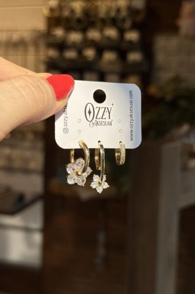 Taş Yapraklı Çiçek Model 3'lü Set Küpe