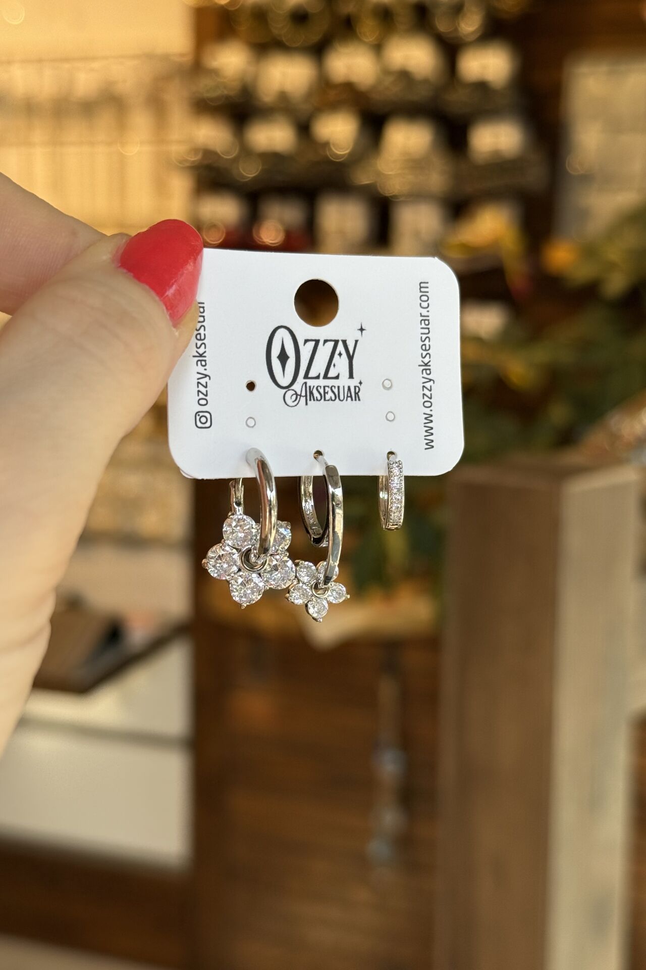 Taş Yapraklı Çiçek Model 3'lü Set Küpe Gümüş Renk