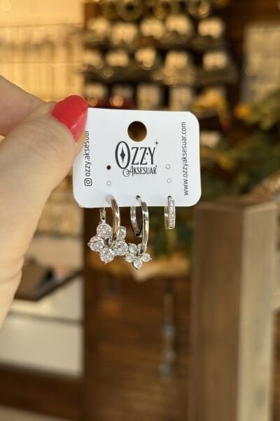 Taş Yapraklı Çiçek Model 3'lü Set Küpe Gümüş Renk