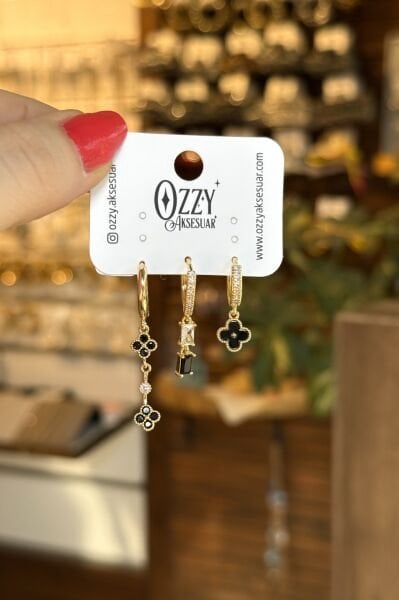 Siyah Taşlı Yonca Model 3'lü Set Küpe