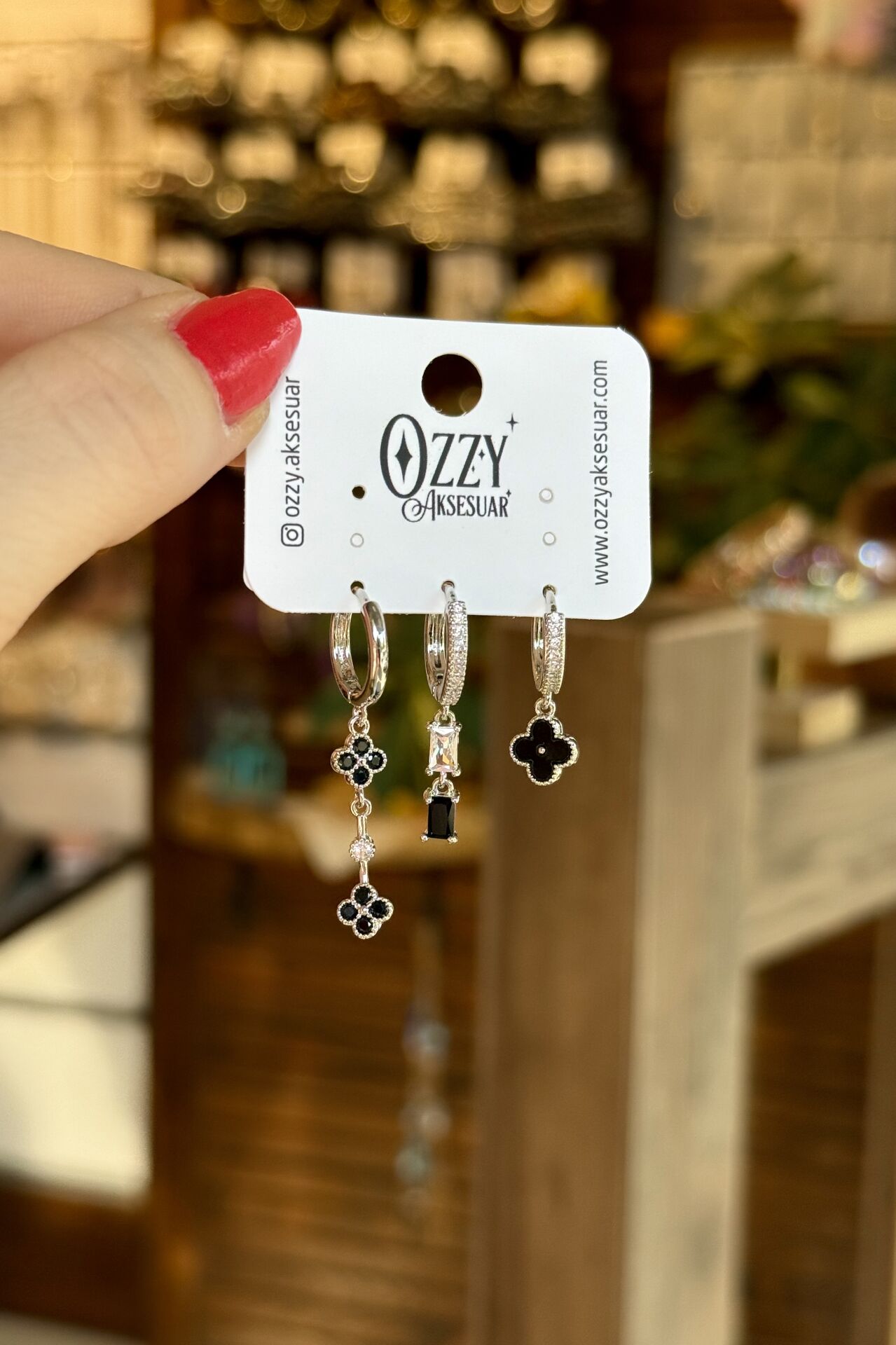 Siyah Taşlı Yonca Model 3'lü Set Küpe Gümüş Renk