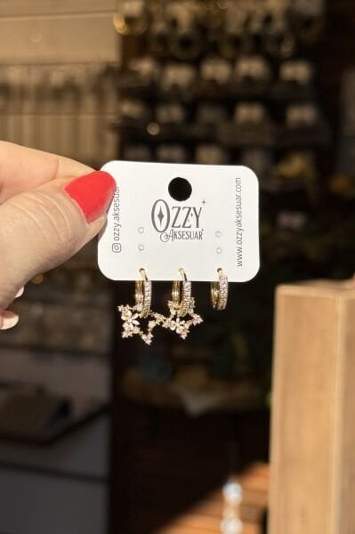 Çiçekli Yıldız Model 3'lü Set Küpe