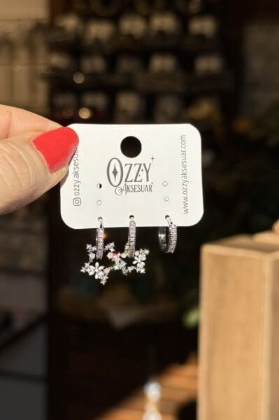 Çiçekli Yıldız Model 3'lü Set Küpe Gümüş Renk