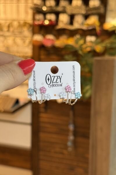 Renkli Çiçek Model Çoklu Görünüm Küpe Gümüş Renk
