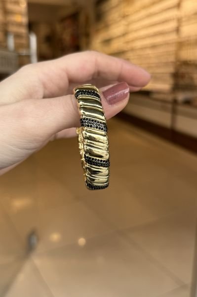 Gömme Taş Kemerli Porselen Kaplama Lastikli Bileklik Siyah