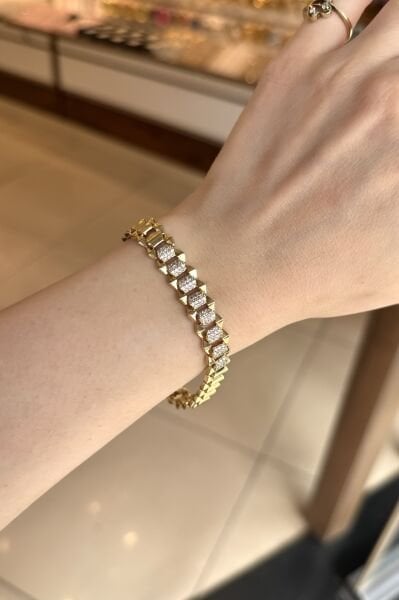 VIP Ortası Sıra Gömme Taşlı Link Model Bileklik 17 + 3 cm 14K