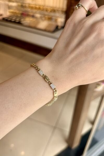 VIP Ortası Gömme Taş Detaylı Royal Link Bileklik 16 + 3 cm 14K