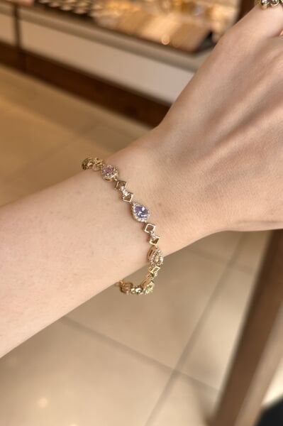 VIP Renkli Damla Zirkon Taş İşlemeli Bileklik 17 + 2 cm 14K