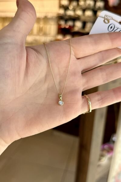 VIP Yuvarlak Kafesli Tek Taş Kolye 45 cm 14K