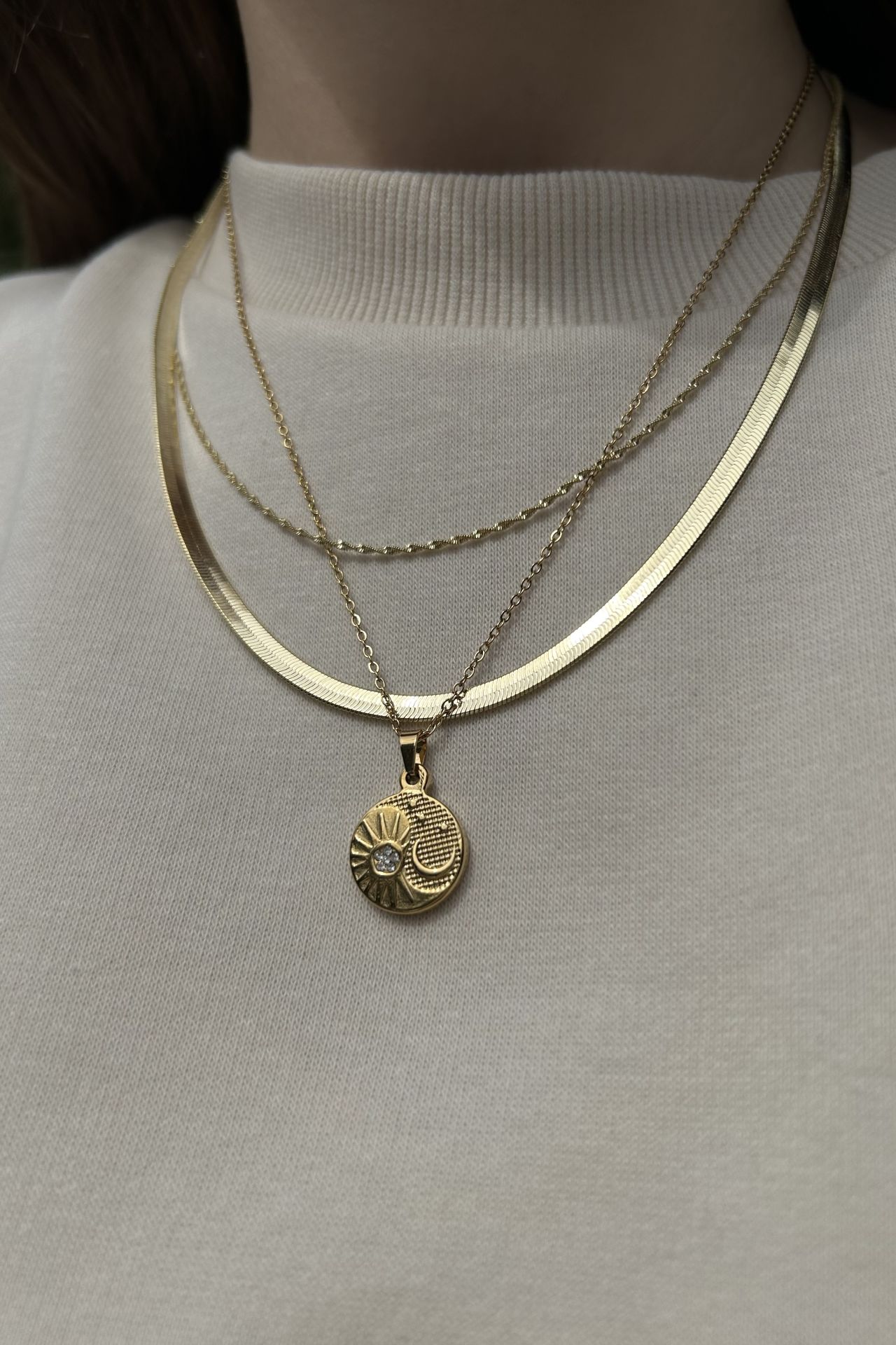 Ay ve Güneş İşlemeli Yin Yang Çelik Kolye 45 cm