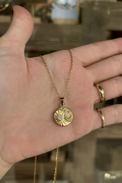 Ay ve Güneş İşlemeli Yin Yang Çelik Kolye 45 cm