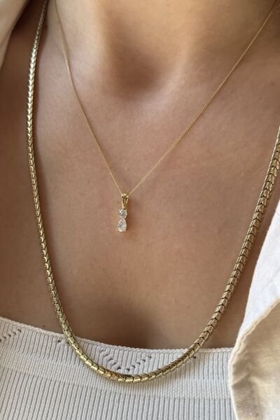 VIP Damla ve Yuvarlak Çift Zirkon Taşlı Kolye 45 cm 14K
