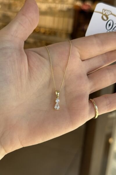 VIP Damla ve Yuvarlak Çift Zirkon Taşlı Kolye 45 cm 14K