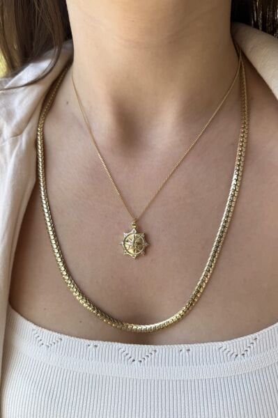 VIP Taş Detaylı Pusula Kolye 45 cm 14K