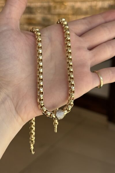 VIP Ortası Gömme Taşlı Silindir Model Küba Zincir Kolye 50 cm