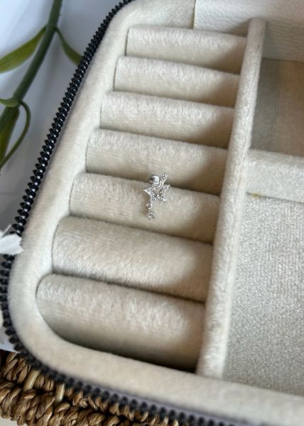 Çelik Sallantı Detaylı Taşlı Yıldız Tragus Piercing 8 mm Gümüş Renk