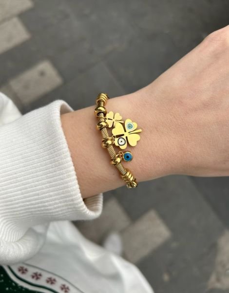 Çelik Yonca Charm Detaylı Bileklik 17 + 5 cm