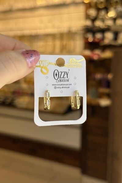 VIP Çift Sıra Baget Taş Detaylı Oval Halka Küpe 14K